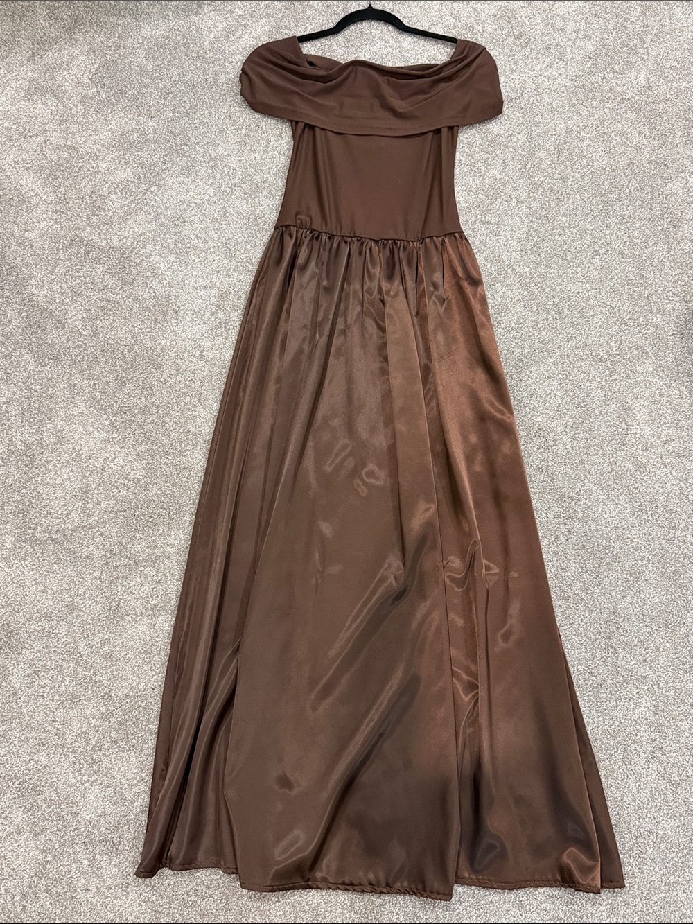 Revolve Off-Shoulder Brown Satin Maxi Dress